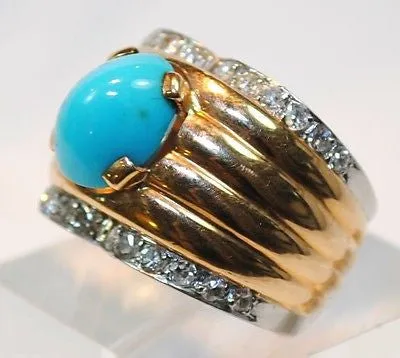 BVLGARI 1970s Vintage 4 Carat Turquoise & Diamond Ring in 18K Gold - $15K VALUE